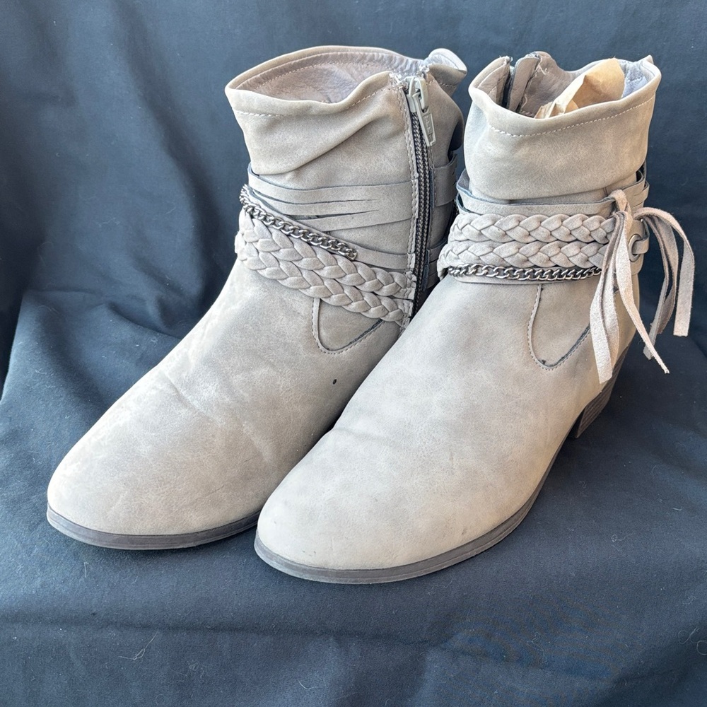 Boho Taupe Ankle Boots | Braided Chain & Fringe Detail | Low Heel